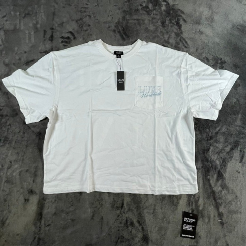 boohooMAN Oversized Boxy Homme Print Pocket T-shirt Ecru White Large CMM28506